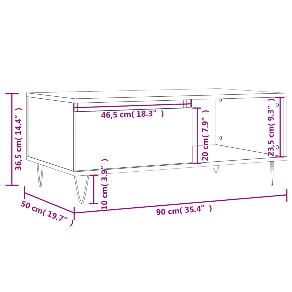 Table basse 90x50x36,5 cm en bois travaillé