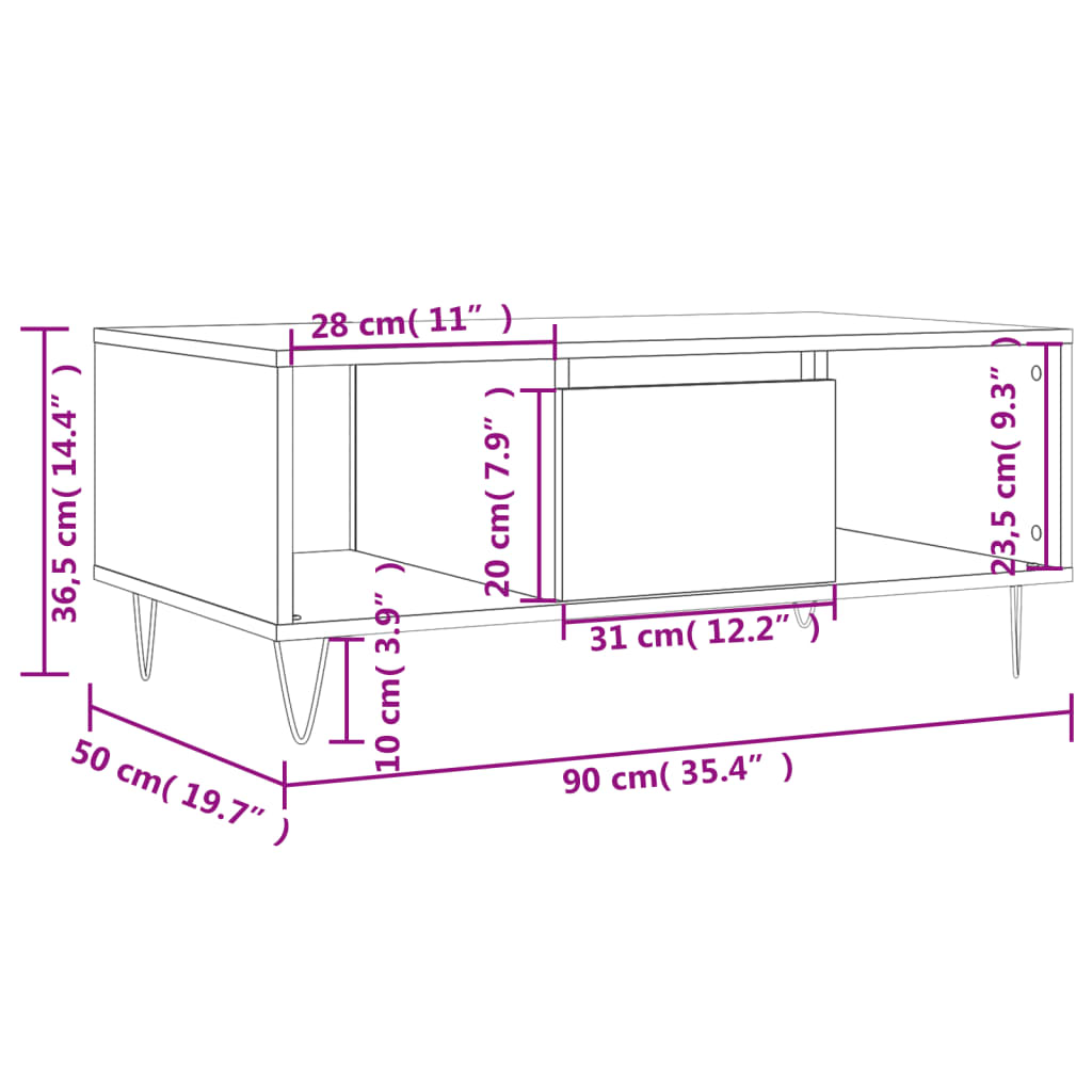 Table basse 90x50x36,5 cm en bois travaillé