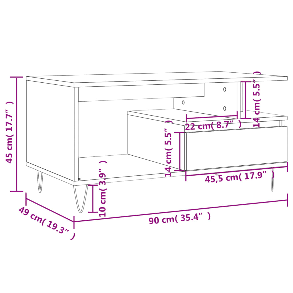 Table basse 90x49x45 cm en dérivé du bois couleur chêne