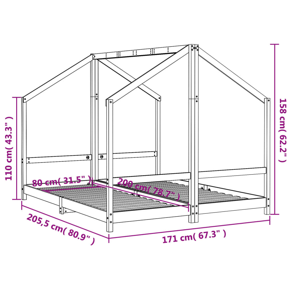 Kinderbedframe 2x(90x190) cm massief grenenhout