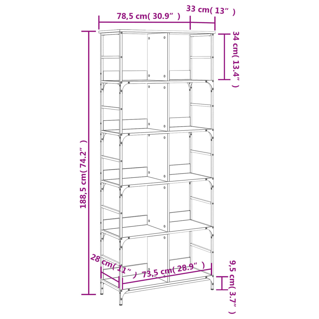 Boekenrek 78,5x33x82 cm bewerkt hout bruin eikenkleur