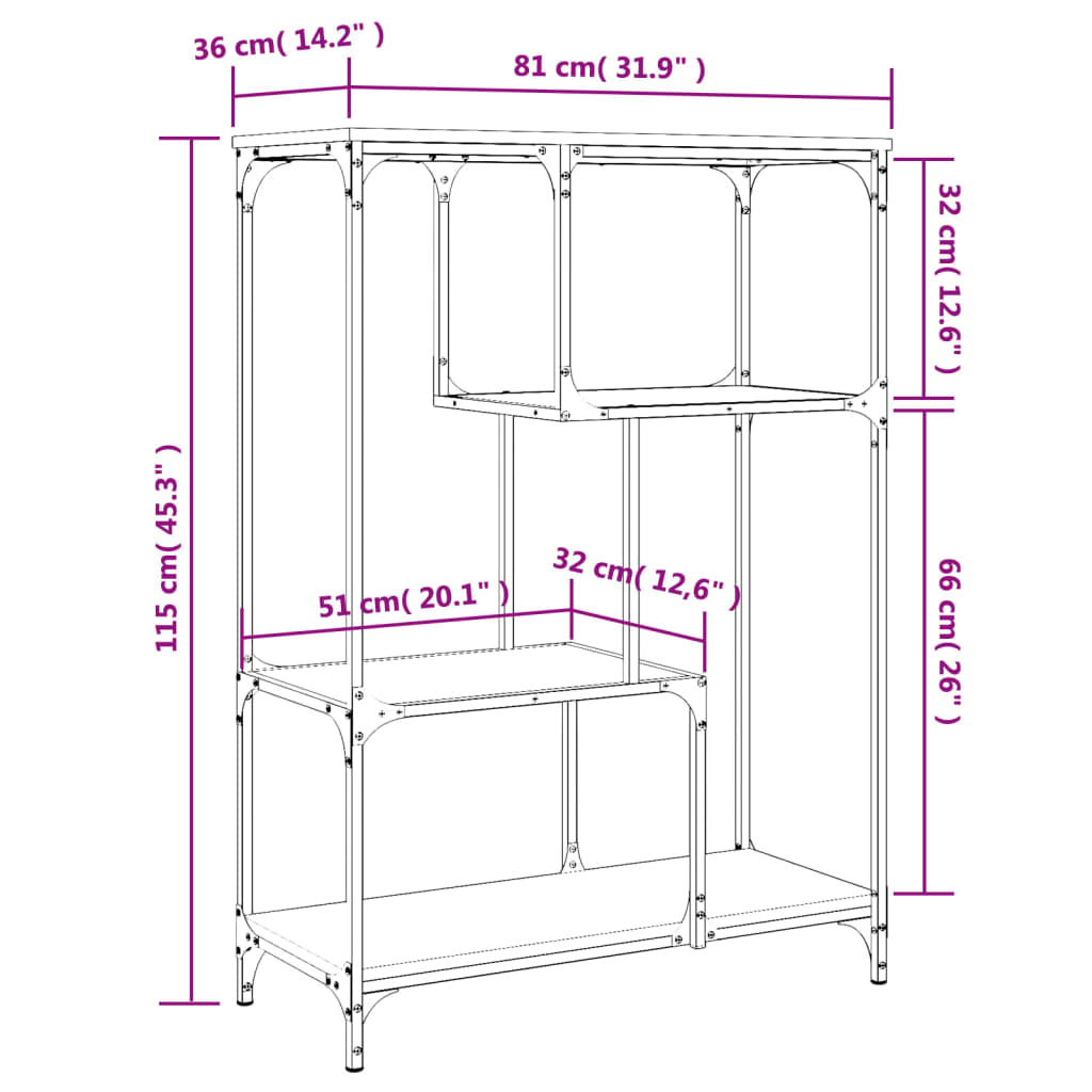 Boekenrek 81x36x115 cm bewerkt hout en staal eikenkleur