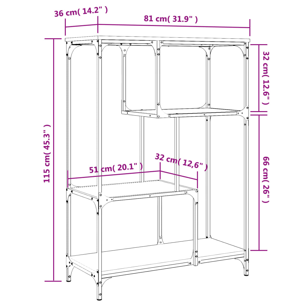 Boekenrek 81x36x115 cm bewerkt hout en staal eikenkleur