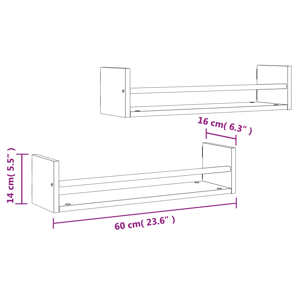 Etagères murales avec tiges 2 pcs 60x16x14 cm couleur chêne