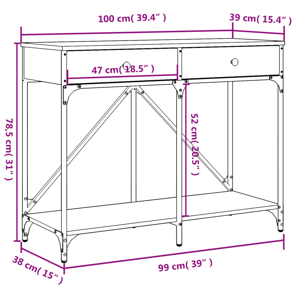 Table murale 100x39x78,5 cm en dérivé du bois, couleur chêne