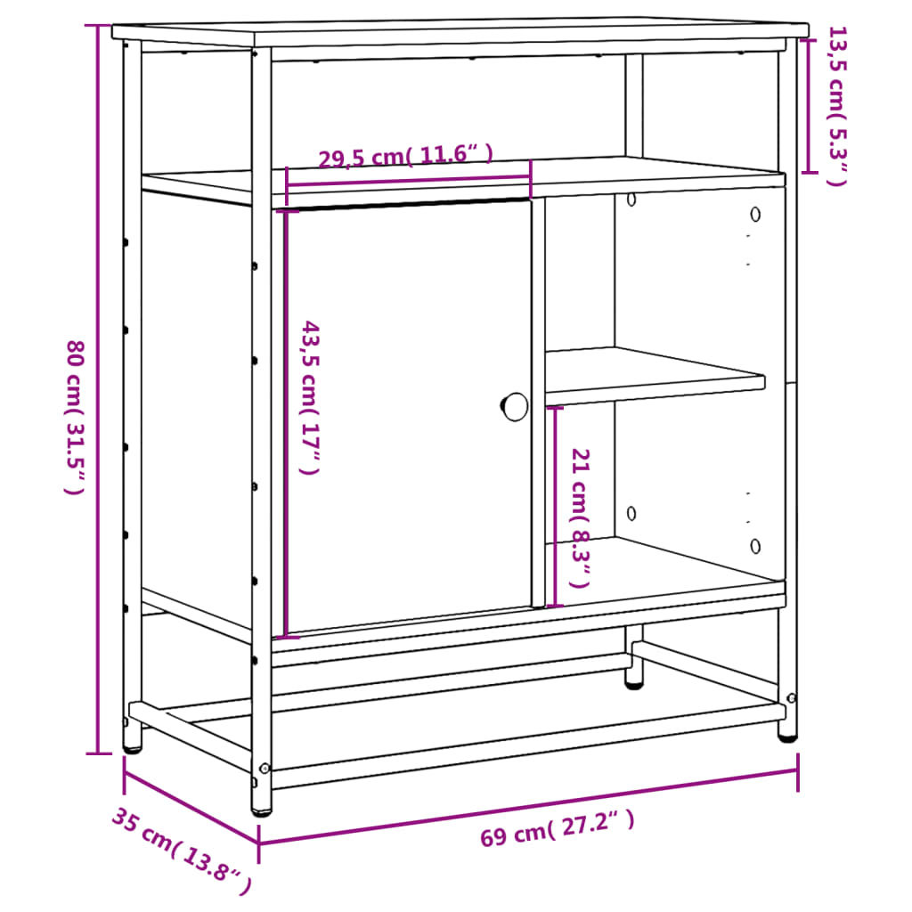 Buffet 69x35x80 cm bois fini couleur chêne marron