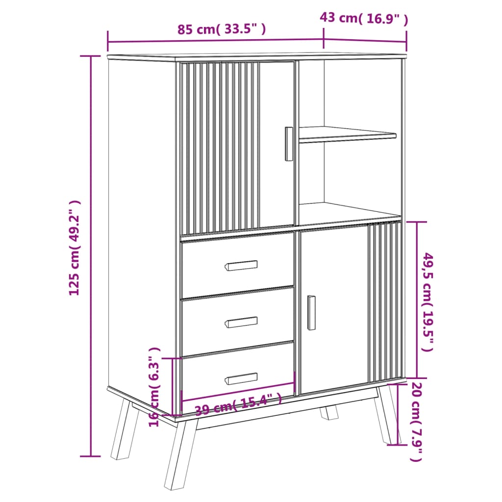 Hoge kast OLDEN 85x43x125 cm massief grenenhout en