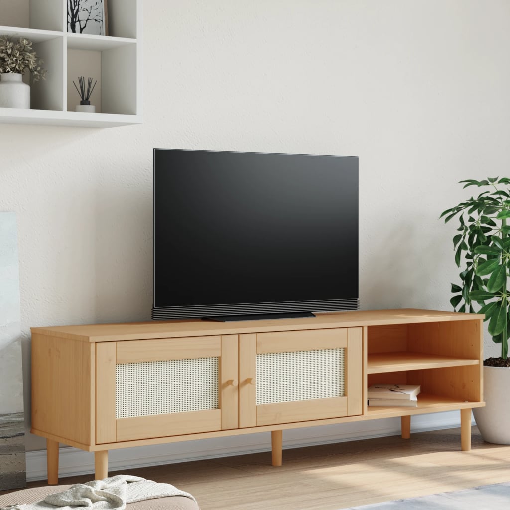 Meuble TV SENJA 158x40x49 cm aspect rotin bois de pin massif