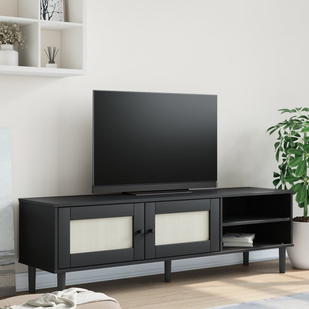 Meuble TV SENJA 158x40x49 cm aspect rotin bois de pin massif