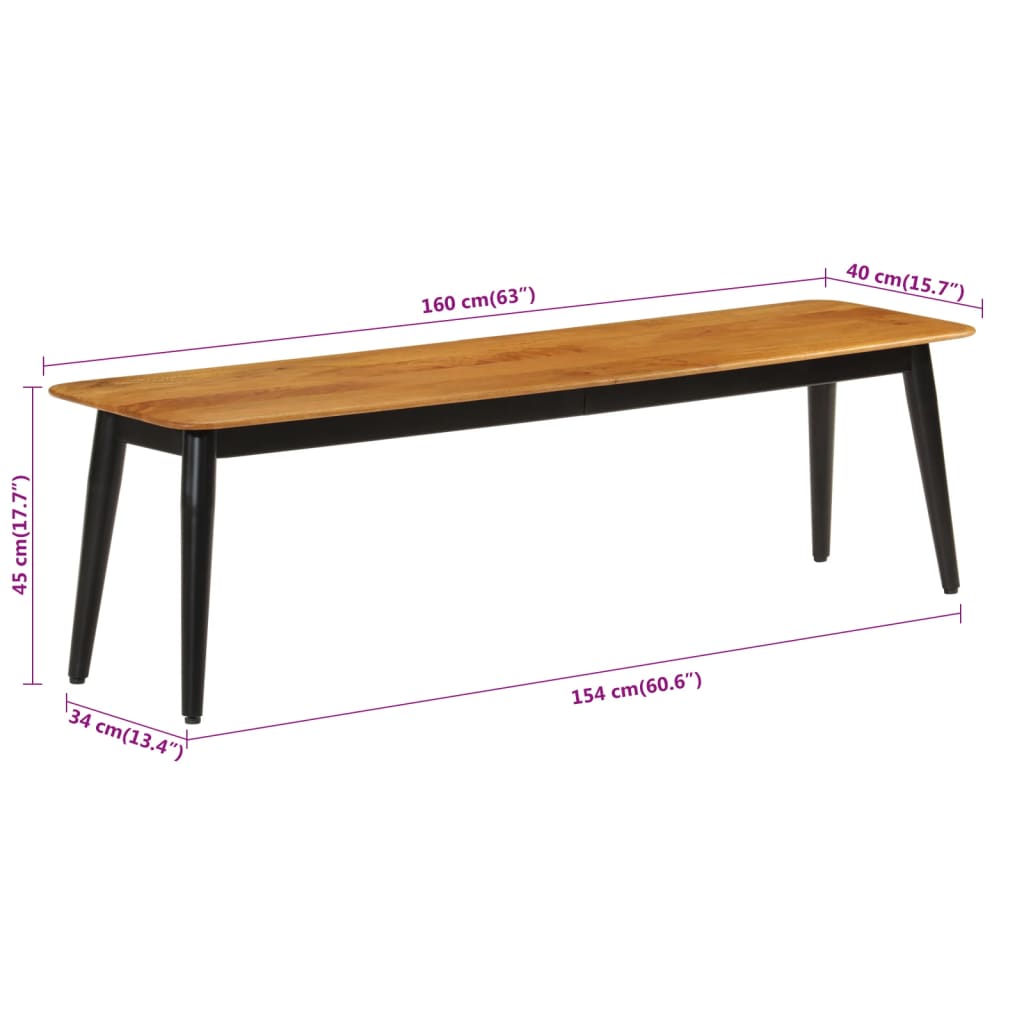 Banc 160x40x45 cm en manguier massif et fer