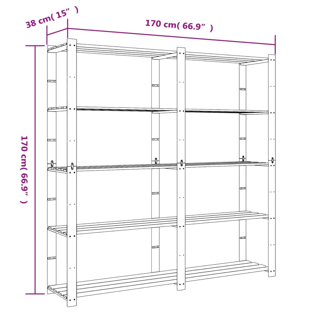 Opbergrek 5-laags 170x38x170 cm massief grenenhout bruin