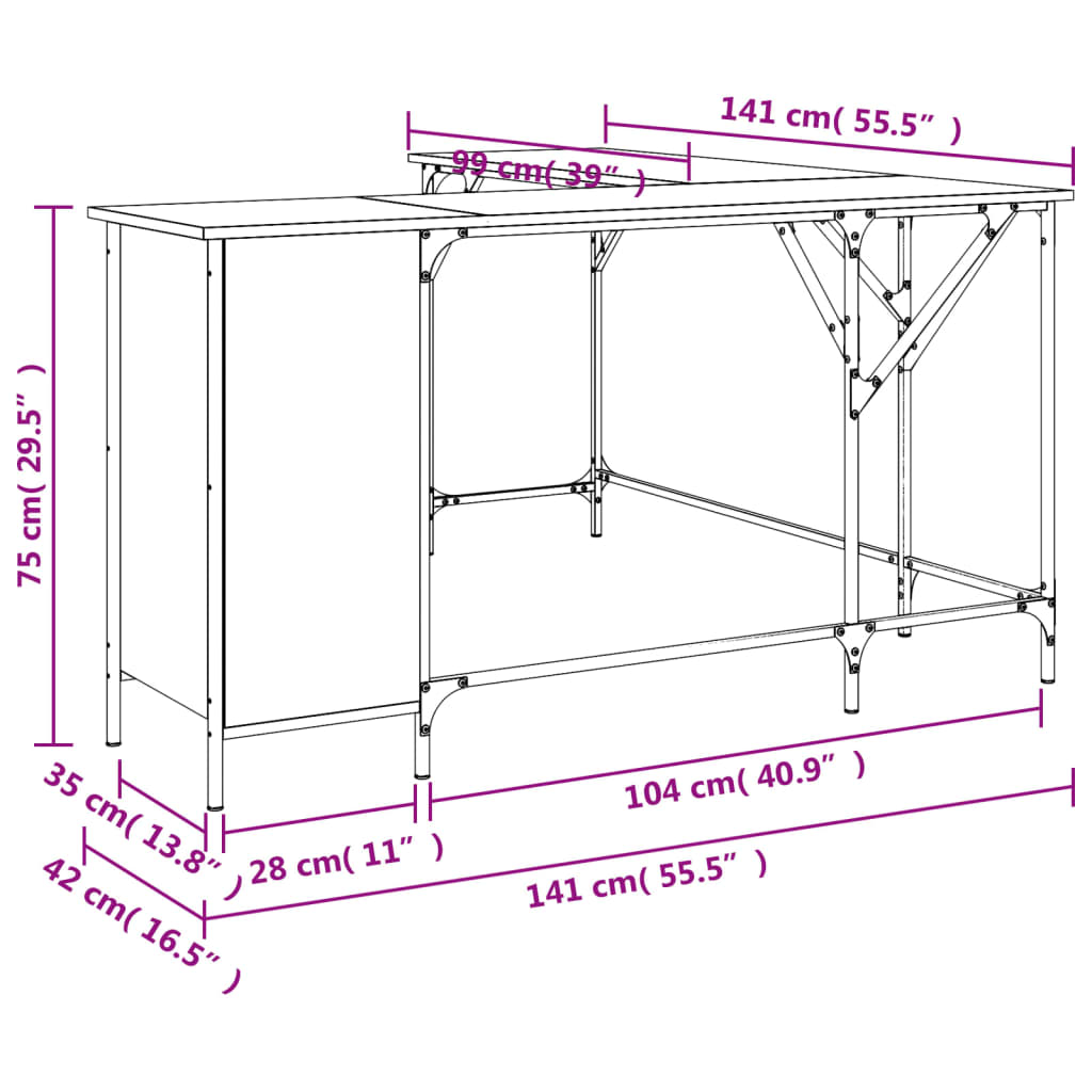 Bureau 141x141x75 cm bewerkt hout