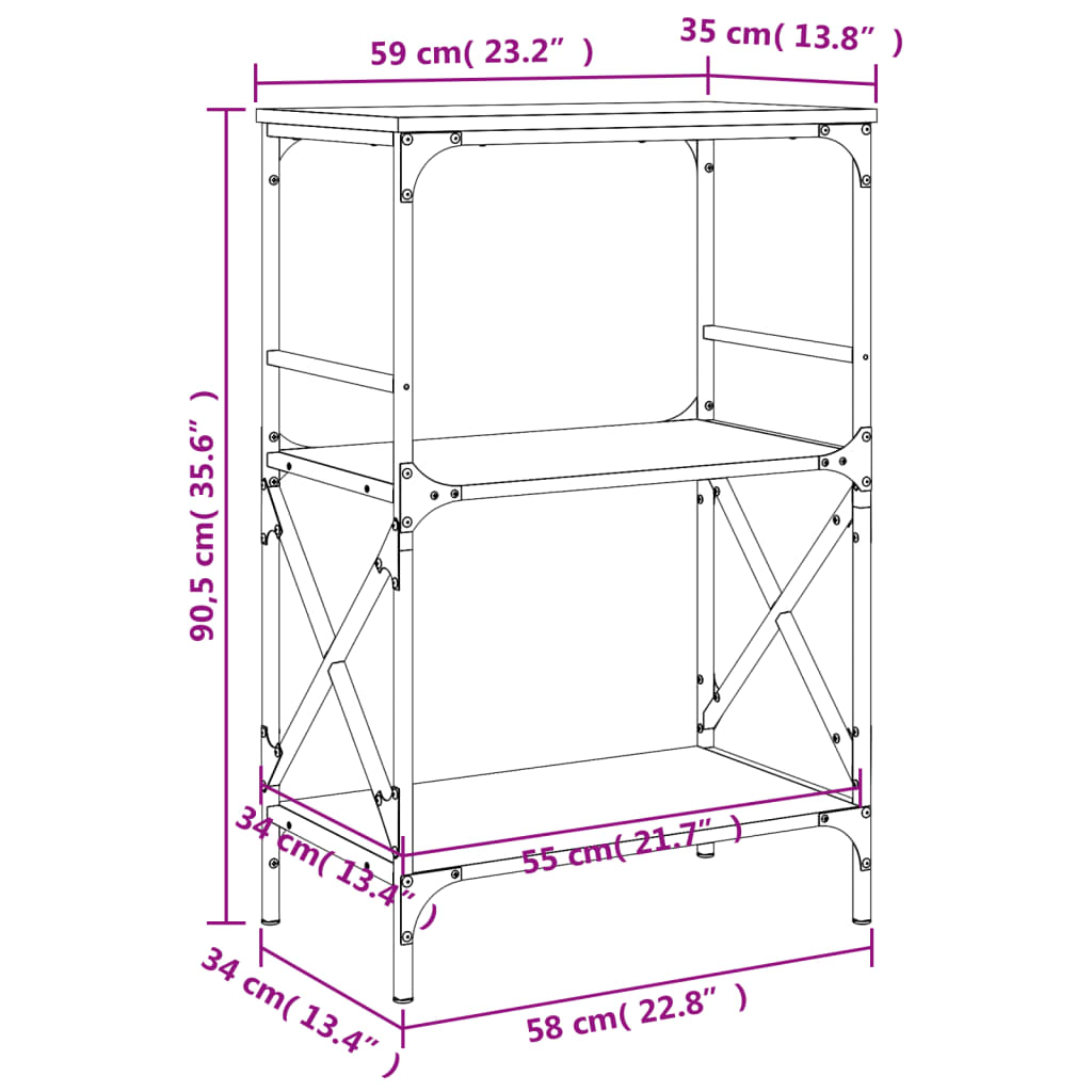 Boekenkast 3-laags 59x35x90,5 cm bewerkt hout