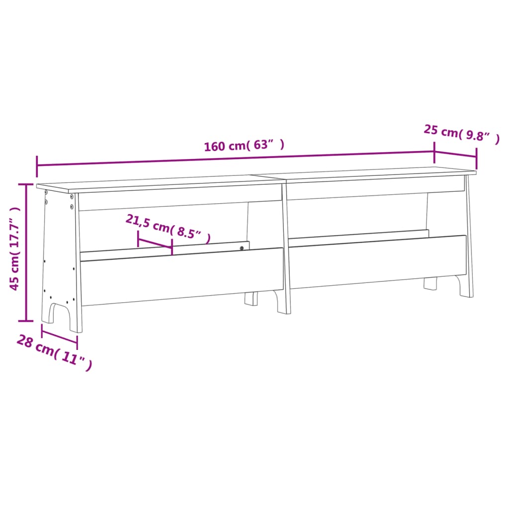 Halbankje 160x28x45 cm massief grenenhout