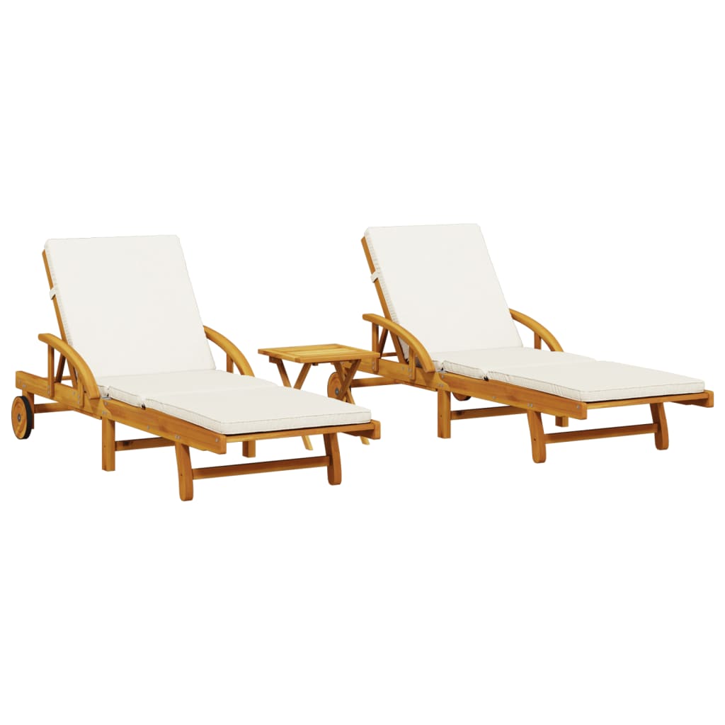 Chaises longues 2 pcs avec table en bois d'acacia massif