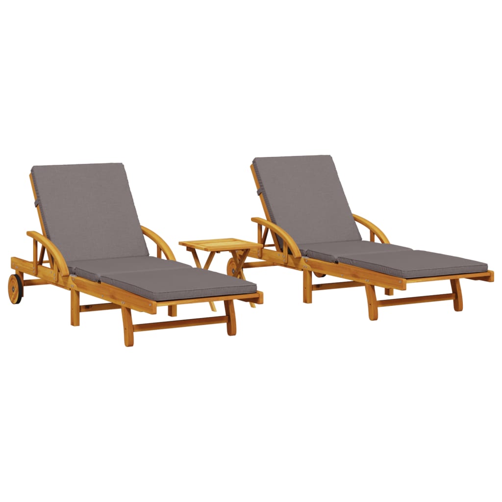 Chaises longues 2 pcs avec table en bois d'acacia massif