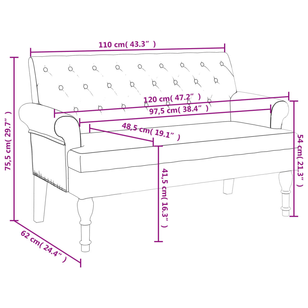 Banc avec dossier 120x62x75,5 cm cuir suédé artificiel