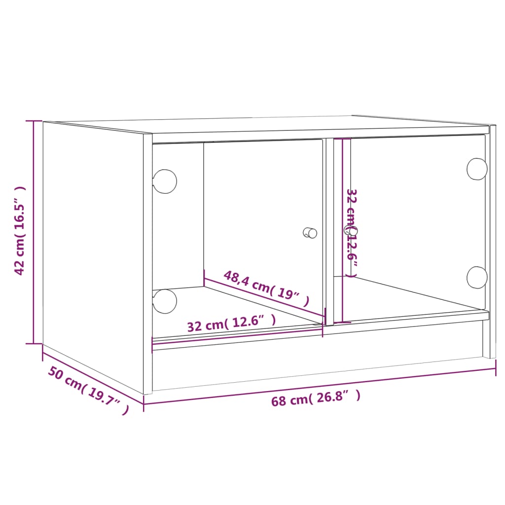 Salontafel met glazen deuren 68x50x42 cm eikenkleurig