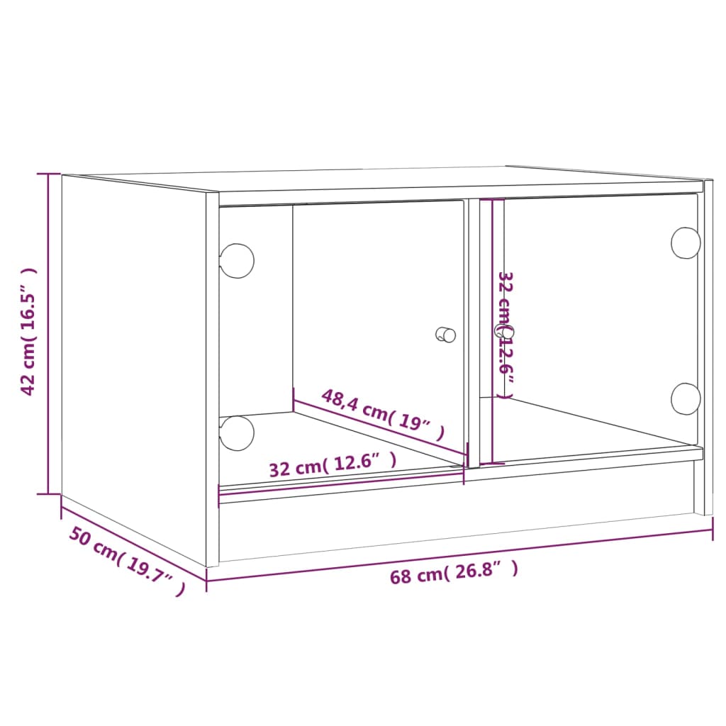 Salontafel met glazen deuren 68x50x42 cm eikenkleurig