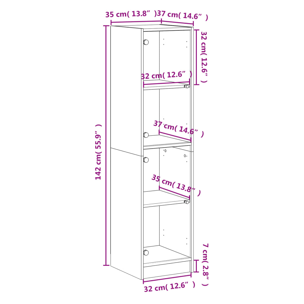 Hoge kast met glazen deuren 35x37x142 cm