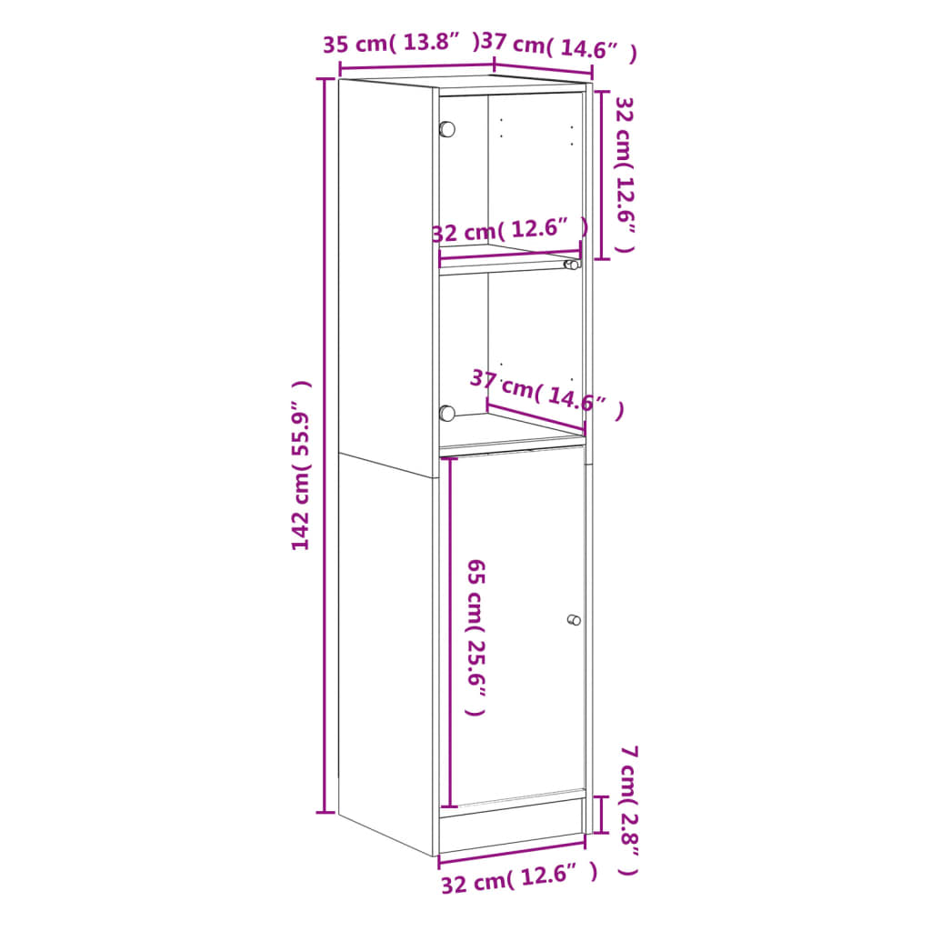 Armoire haute avec porte vitrée 35x37x142 cm couleur chêne