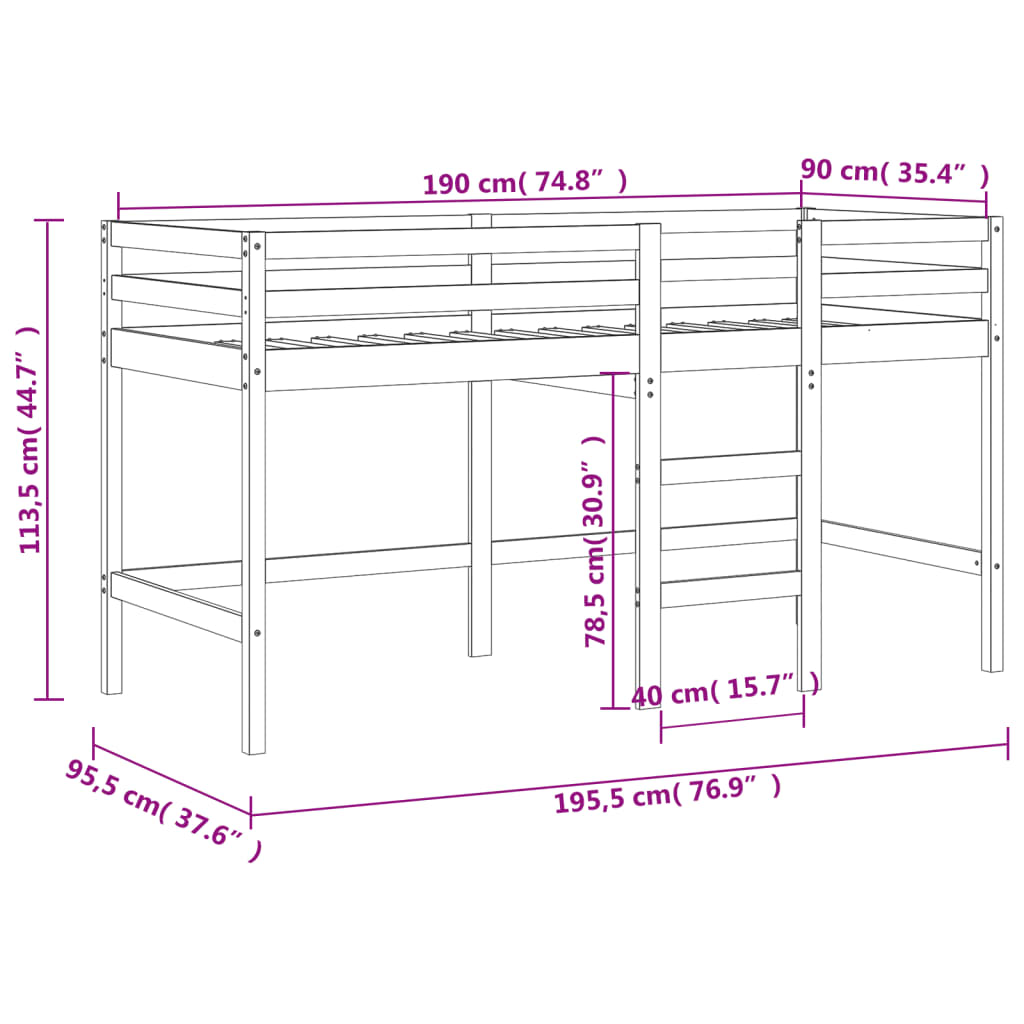 Kinderhoogslaper met ladder 80x200 cm massief grenenhout