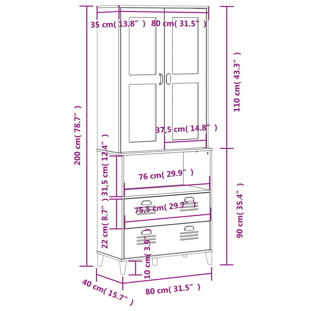 Armoire haute VIKEN 80x40x200 cm en bois de pin massif