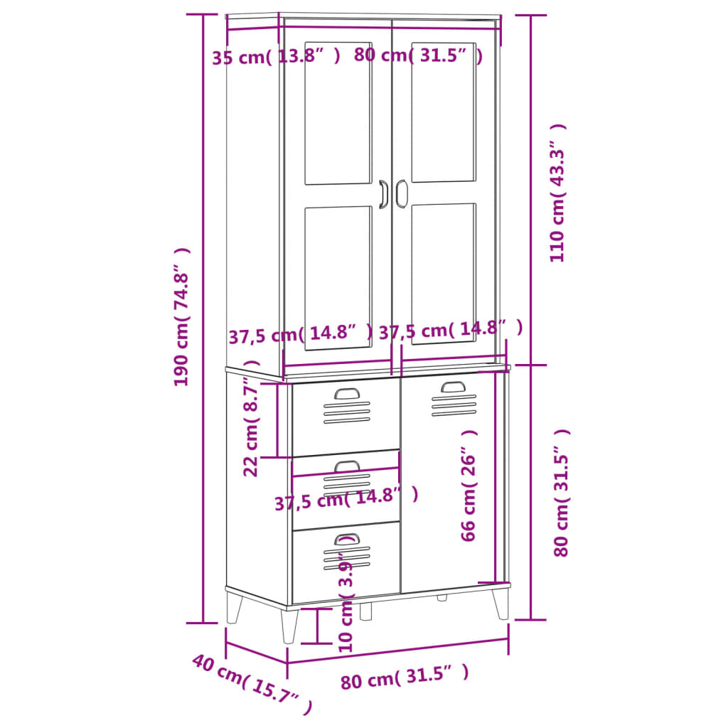 Hoge kast VIKEN 80x40x190 cm massief grenenhout antracietgrijs