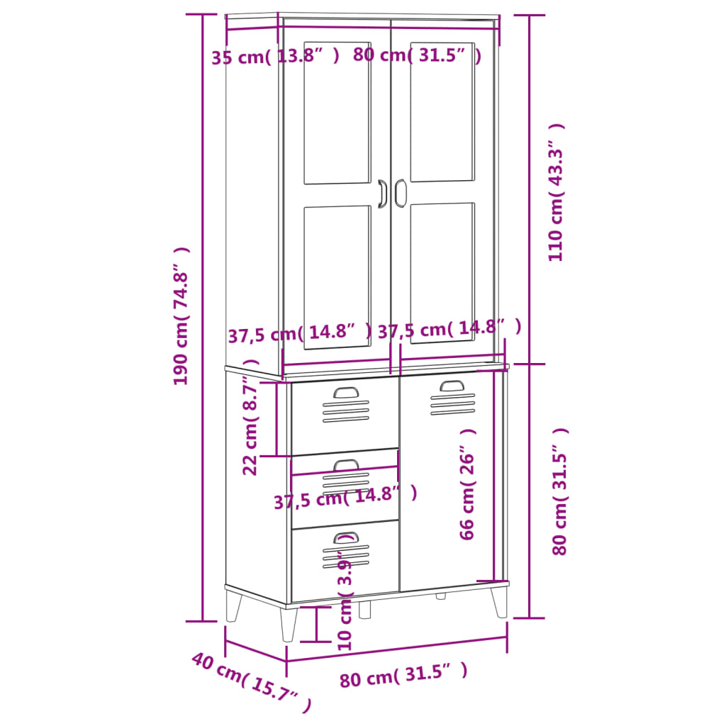 Hoge kast VIKEN 80x40x190 cm massief grenenhout antracietgrijs