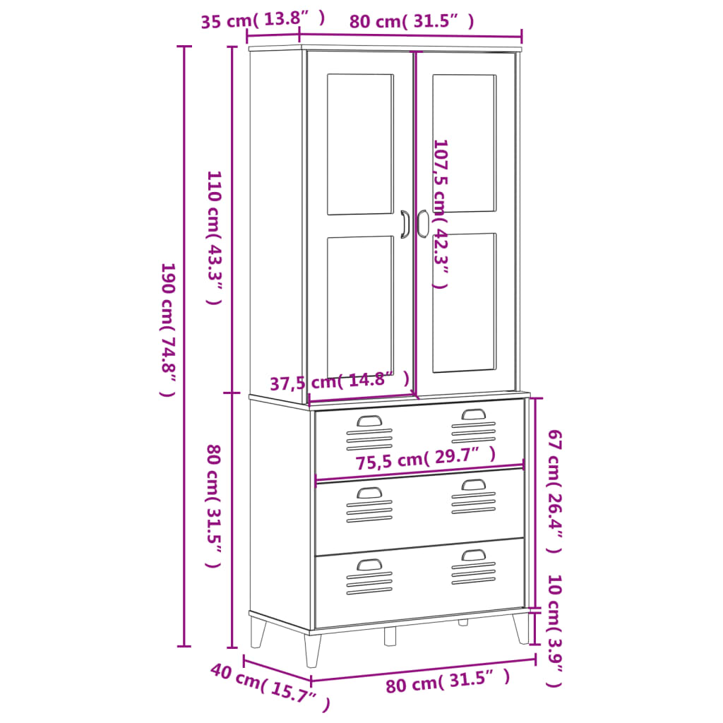 Armoire haute VIKEN 80x40x190 cm en bois de pin massif