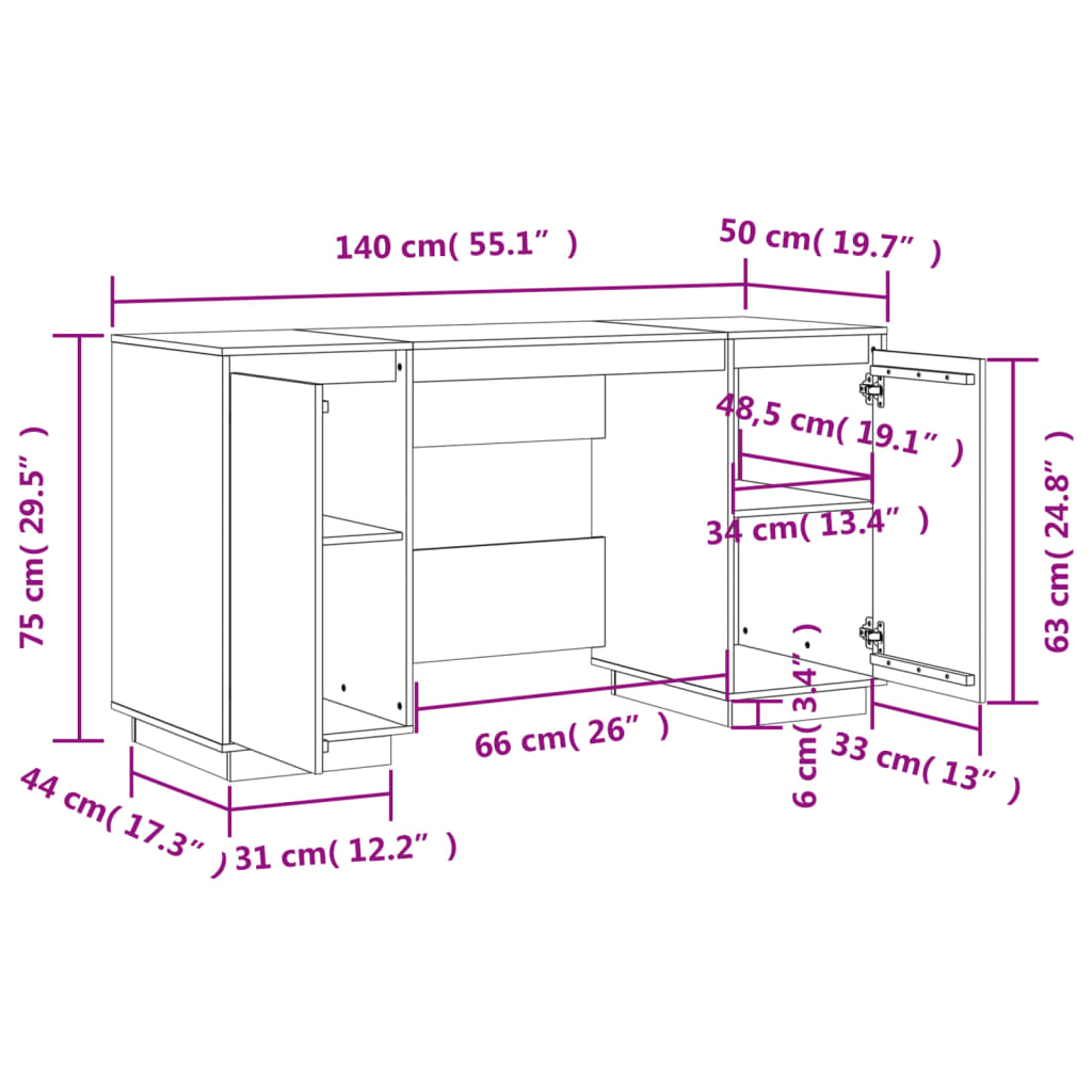 Bureau 140x50x75 cm massief grenenhout