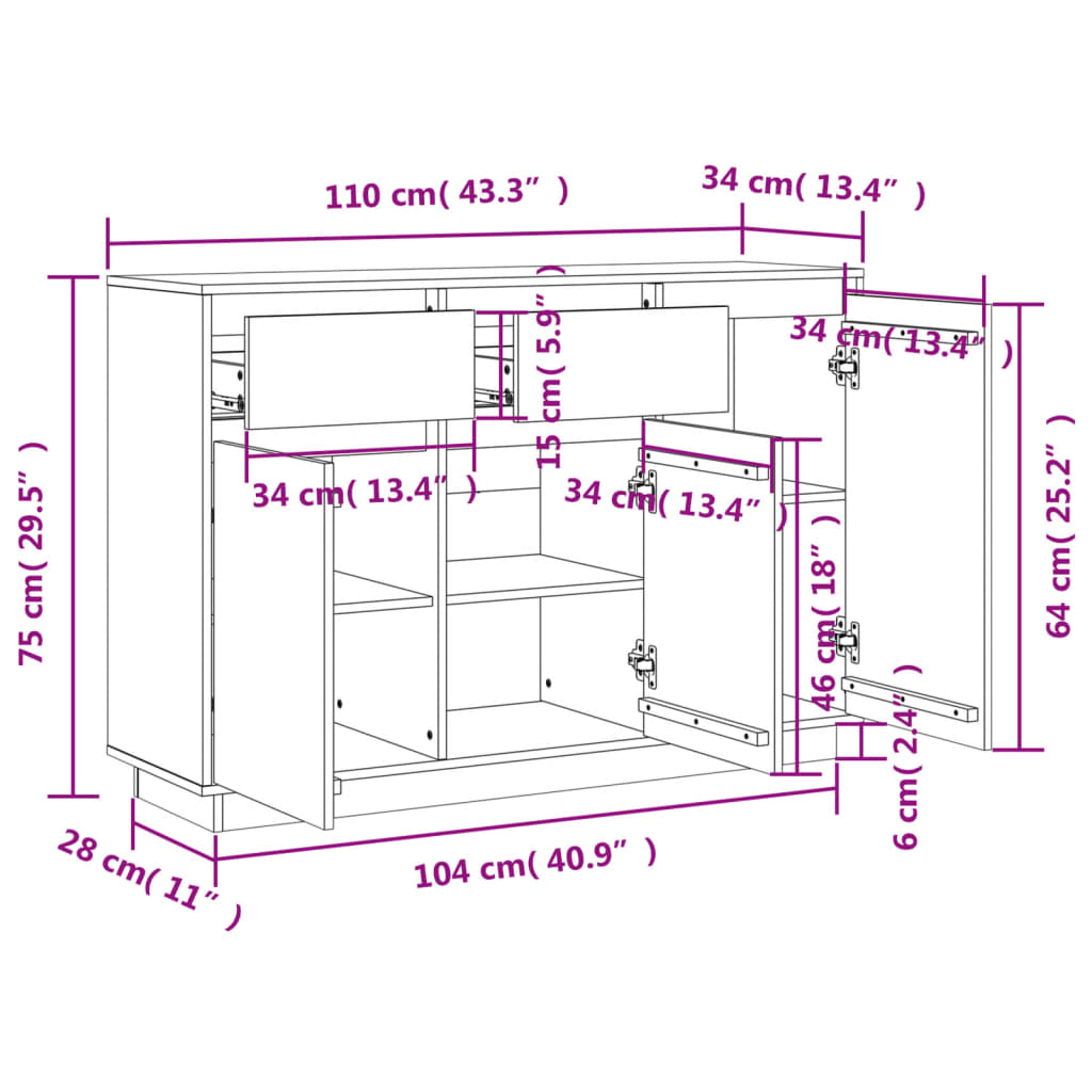 Dressoir 110x34x75 cm massief grenenhout