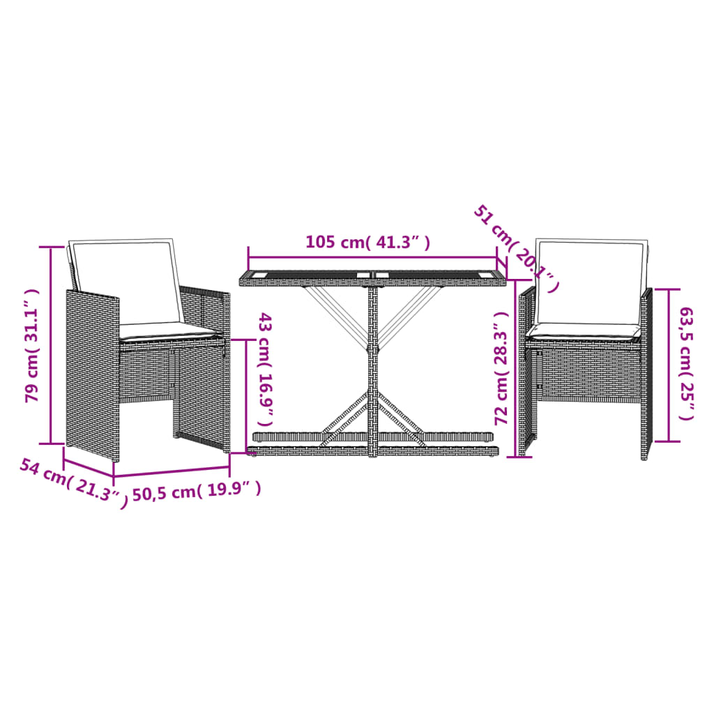 3-delige Bistroset met kussens poly rattan