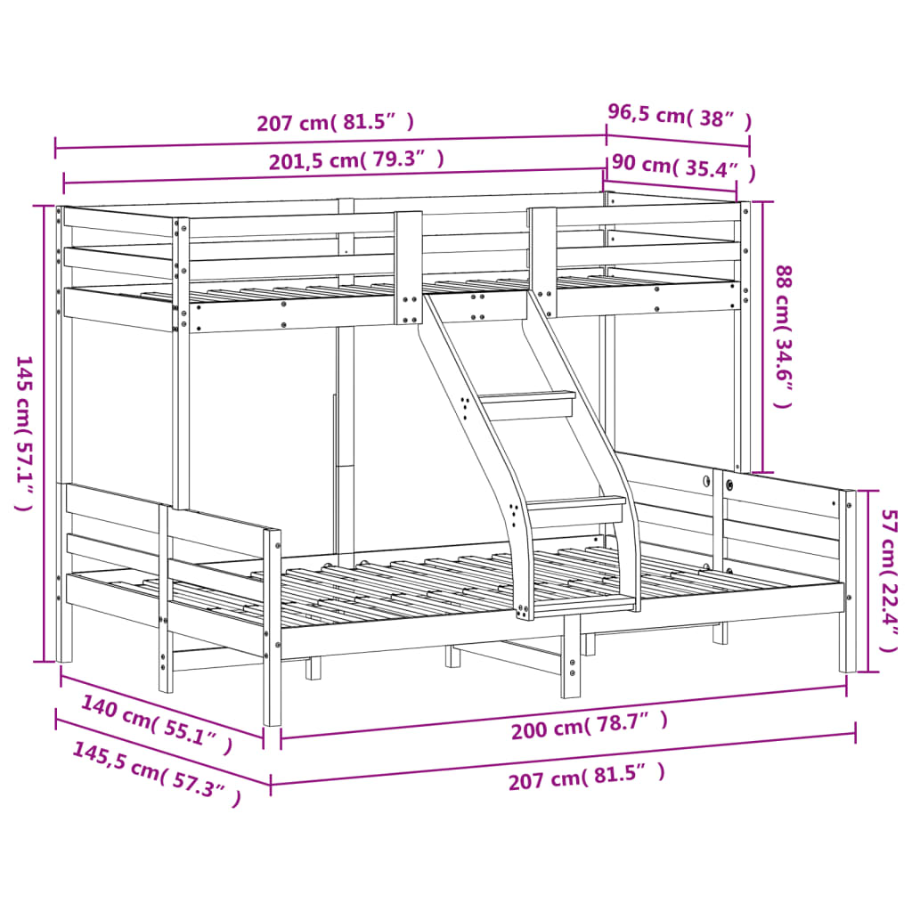 Stapelbed massief grenenhout 90x200/140x200 cm