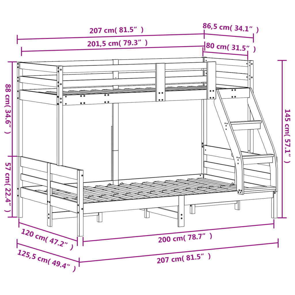 Stapelbed massief grenenhout 80x200/120x200 cm