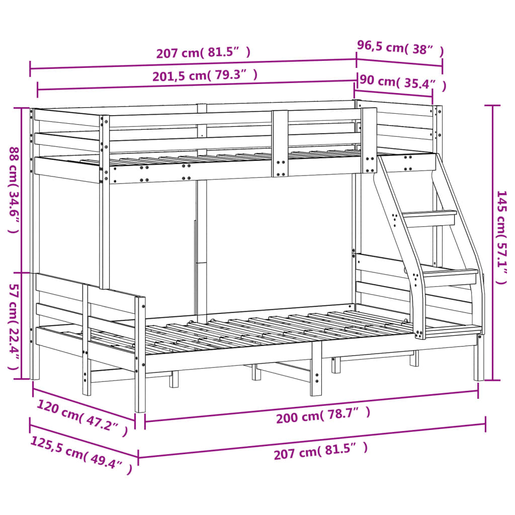 Stapelbed massief grenenhout 90x200/120x200 cm