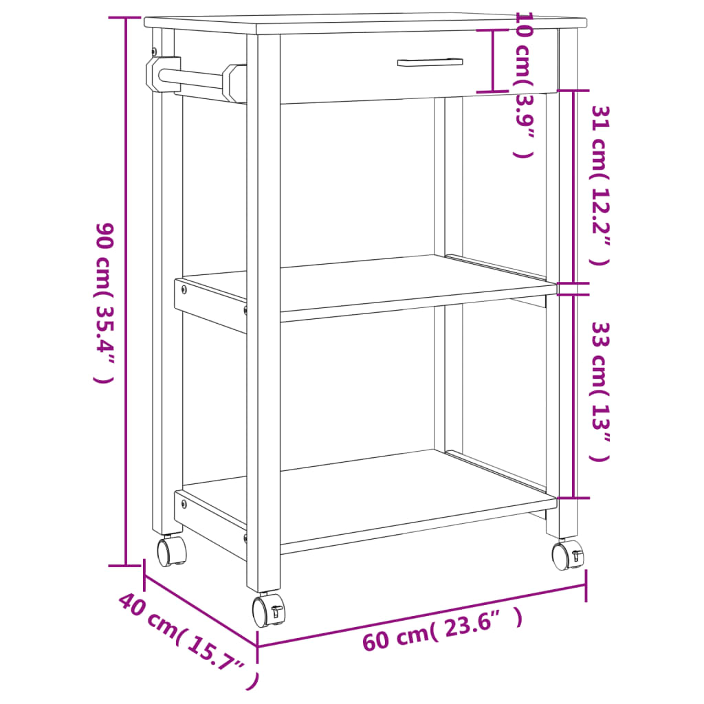 Keukentrolley MONZA 84x40x90 cm massief grenenhout