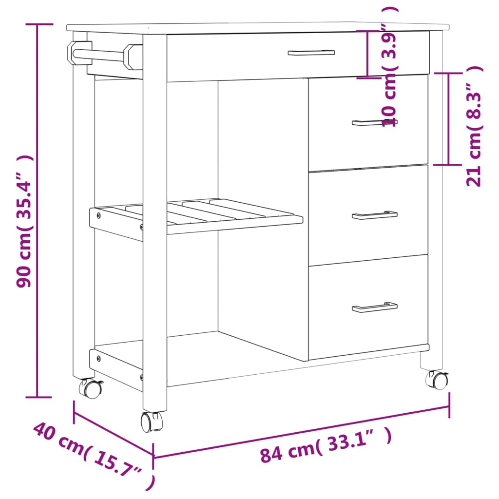 Keukentrolley MONZA 84x40x90 cm massief grenenhout