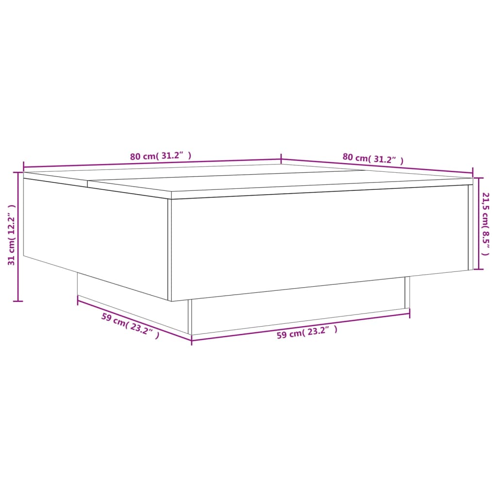 Table basse 80x80x31 cm bois fini, couleur chêne