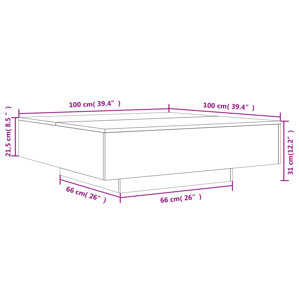 Table basse 80x80x31 cm bois fini, couleur chêne