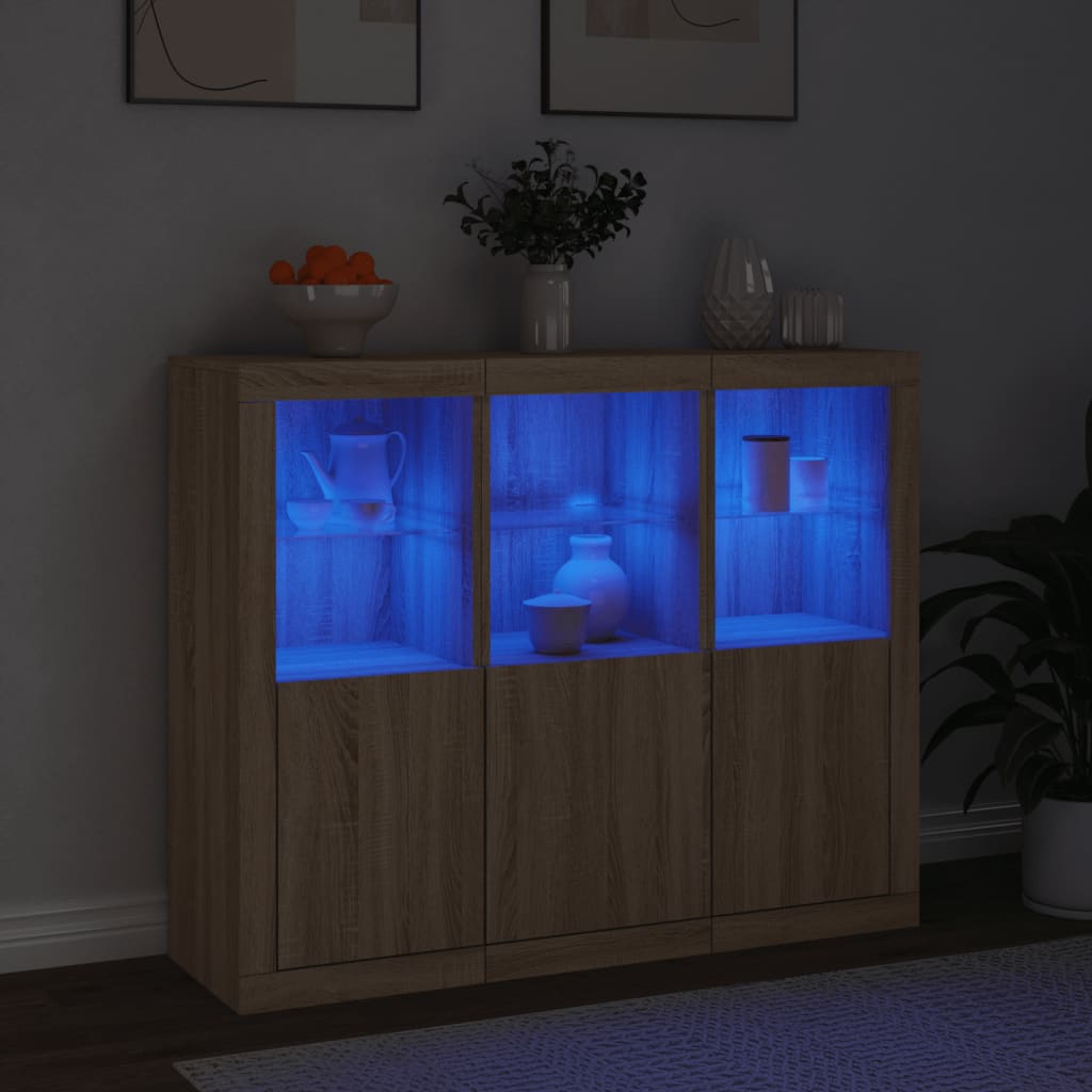 Buffets avec éclairage LED 3 pcs en bois travaillé.