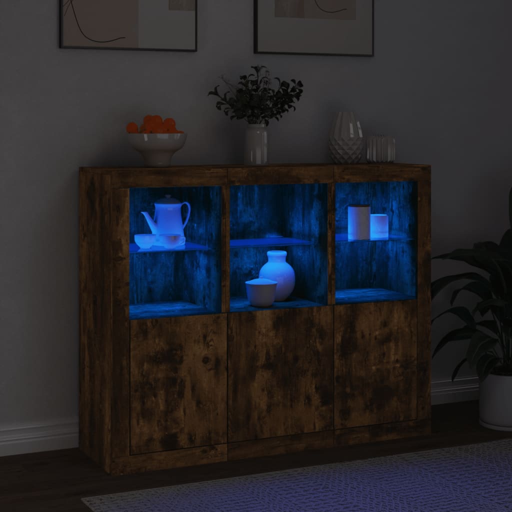 Buffets avec éclairage LED 3 pcs en bois travaillé.