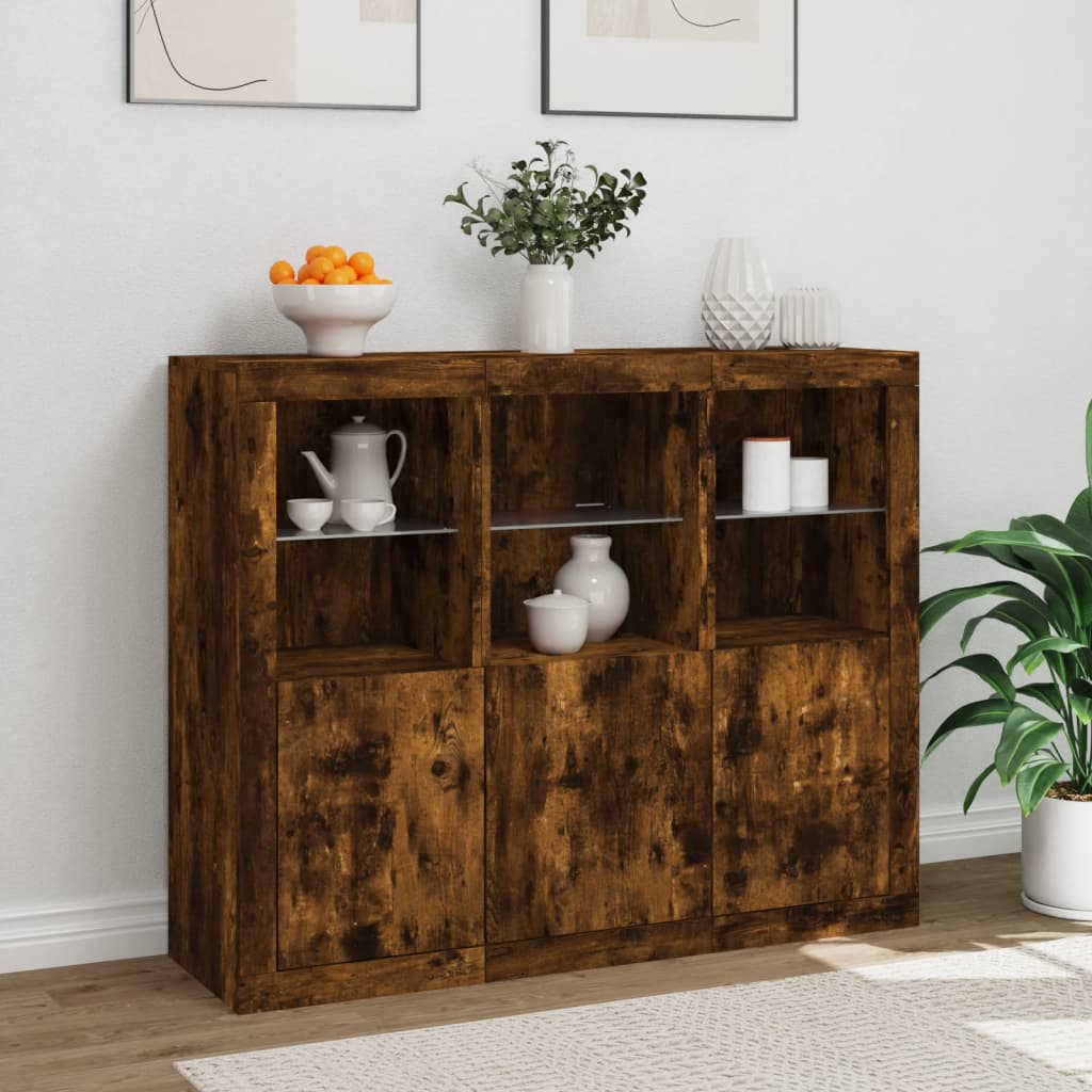 Buffets avec éclairage LED 3 pcs en bois travaillé.