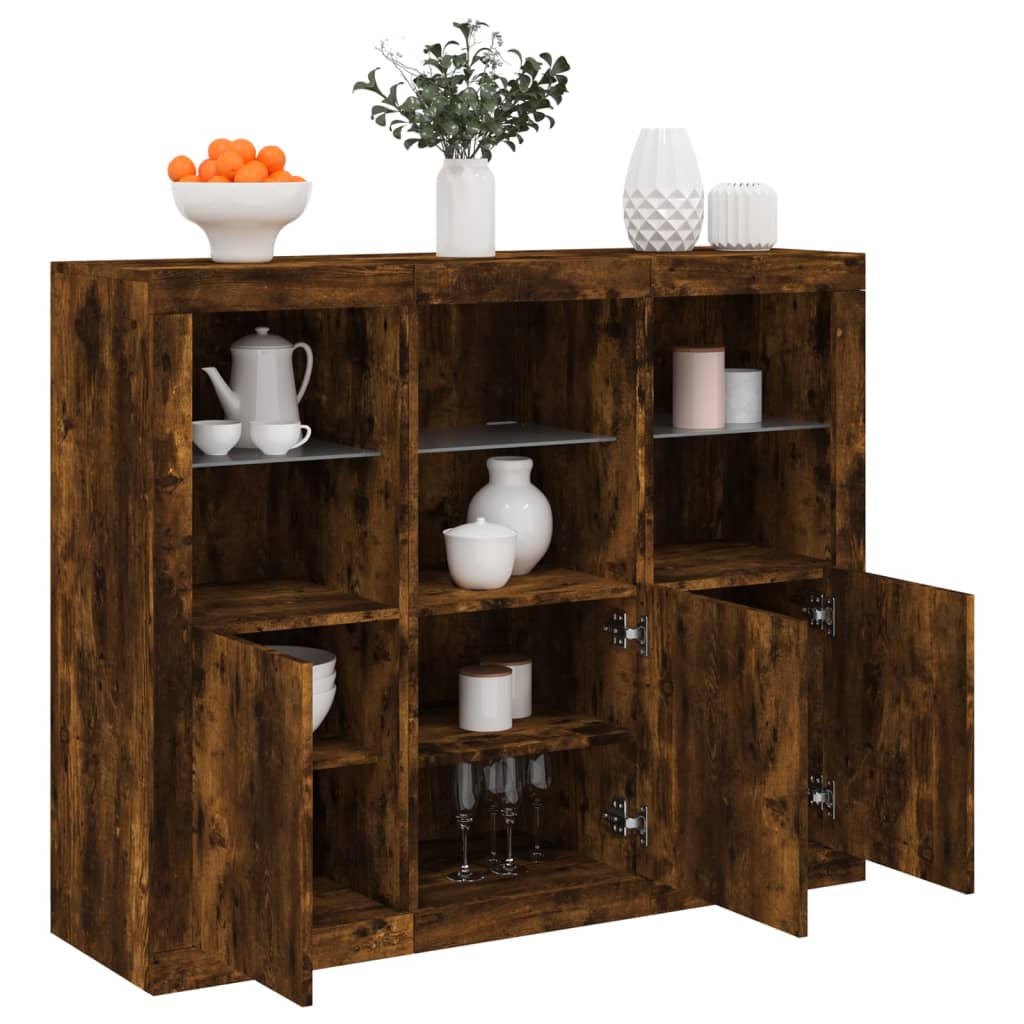 Buffets avec éclairage LED 3 pcs en bois travaillé.