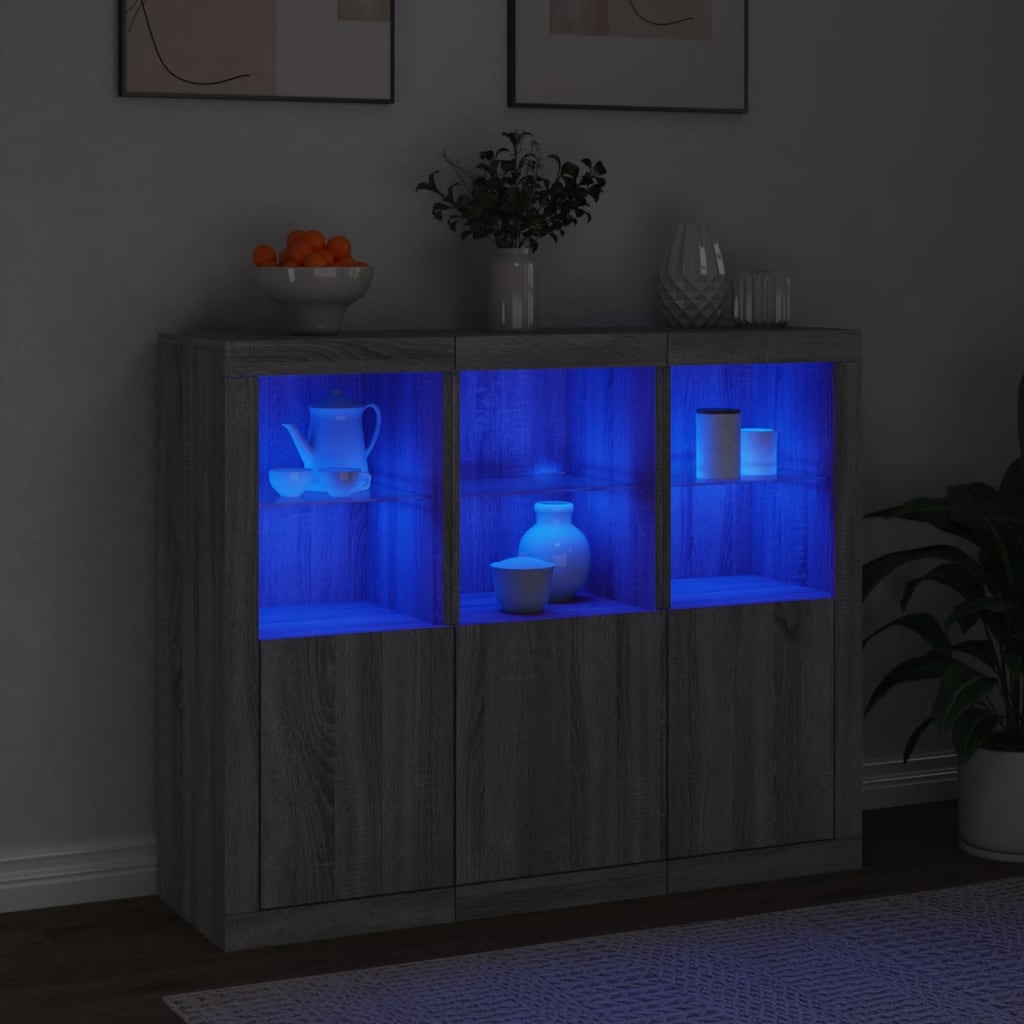 Buffets avec éclairage LED 3 pcs en bois travaillé.