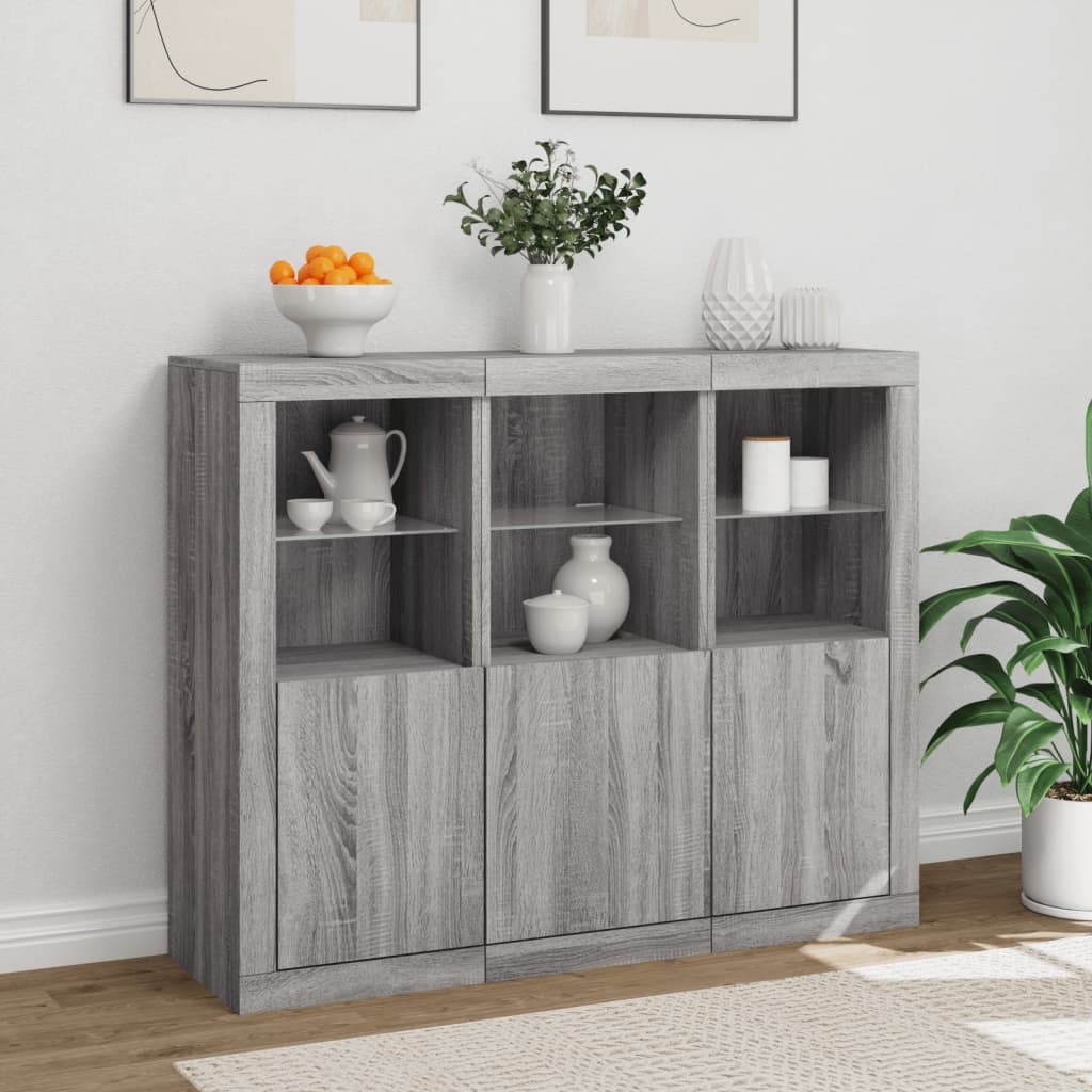 Buffets avec éclairage LED 3 pcs en bois travaillé.