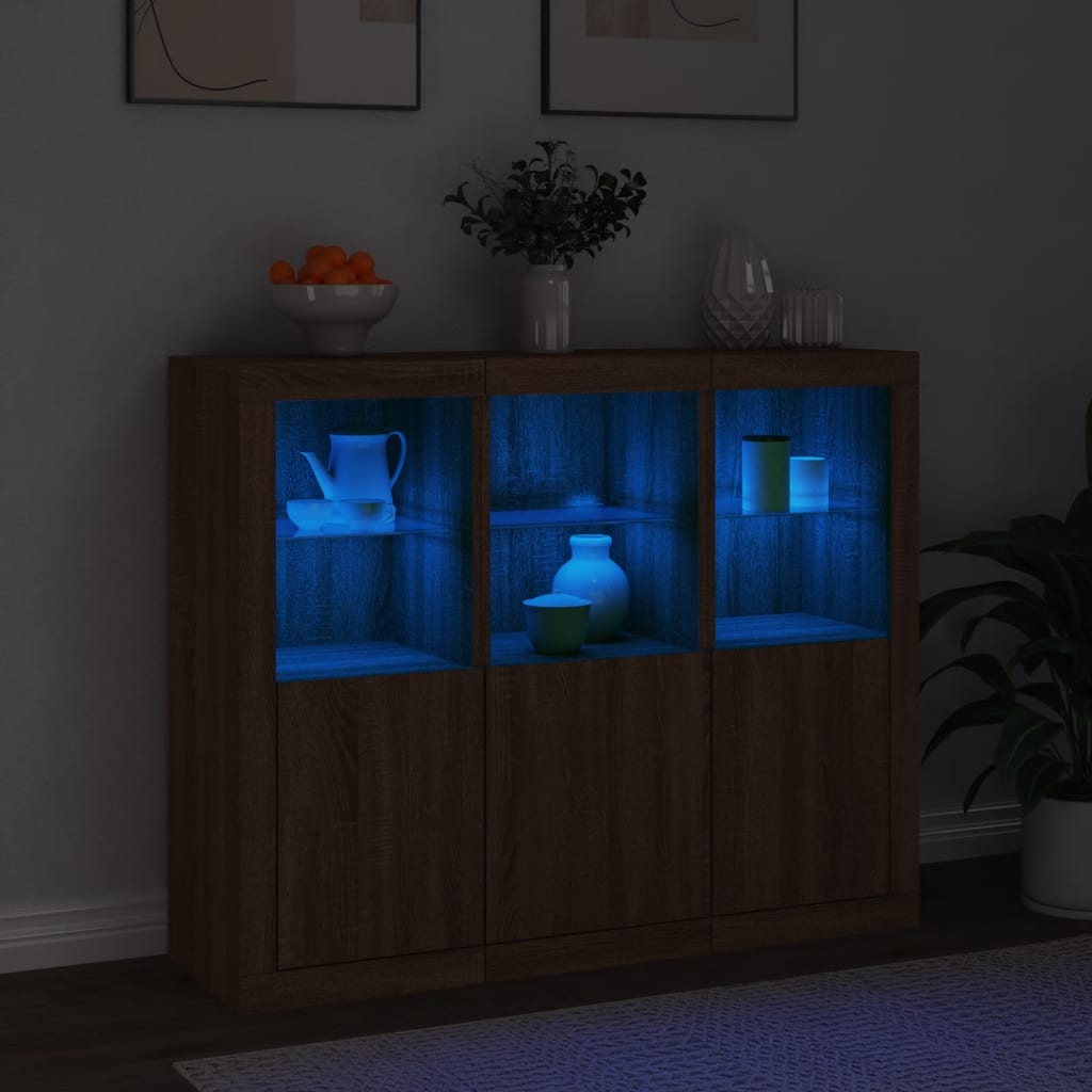 Buffets avec éclairage LED 3 pcs en bois travaillé.