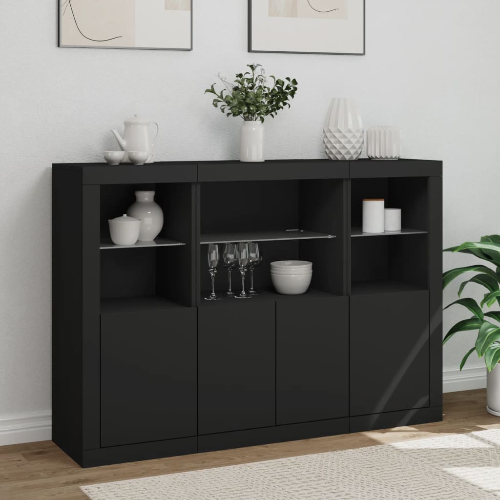 Buffets avec éclairage LED, 3 pièces de bois fini, couleur chêne brun