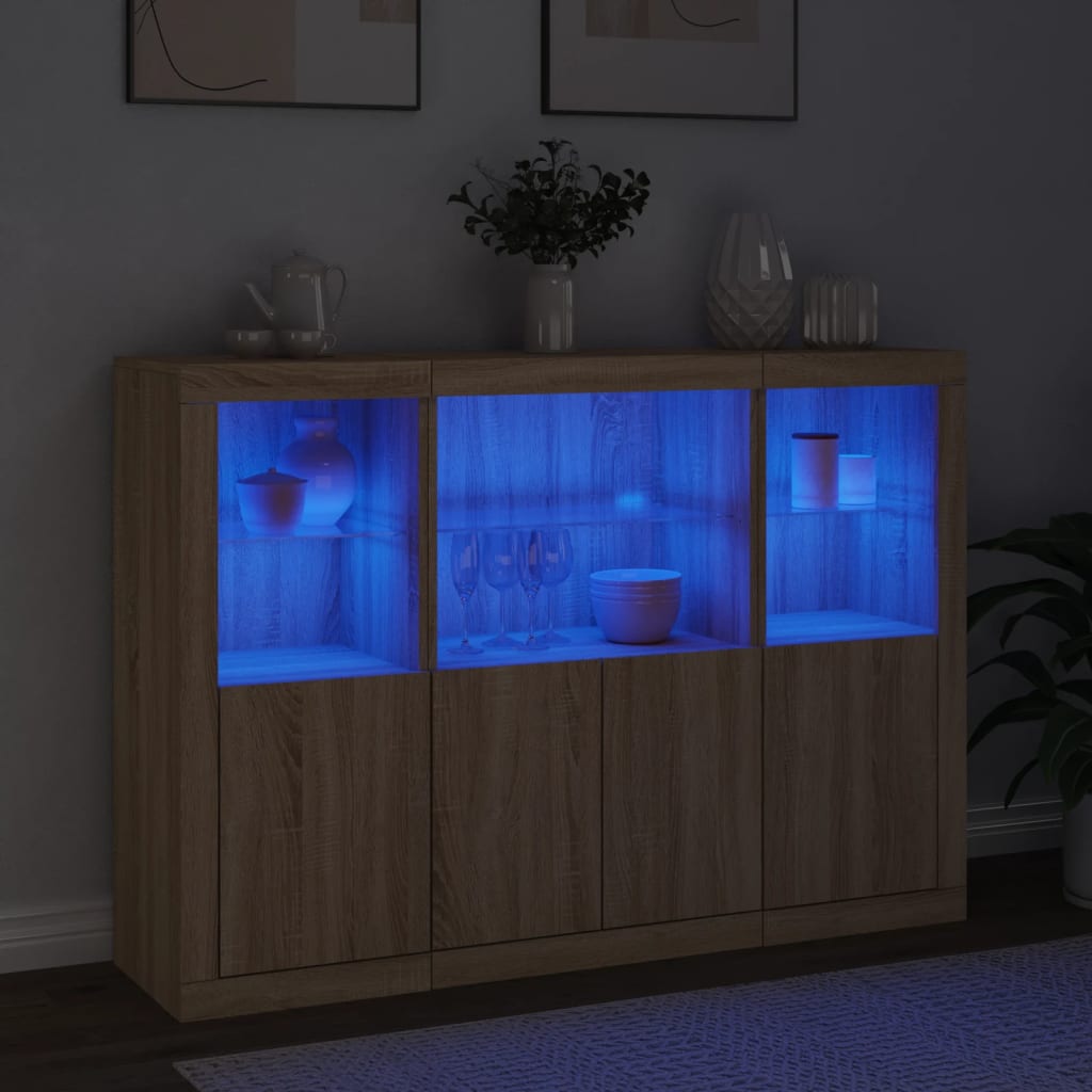 Buffets avec éclairage LED, 3 pièces de bois fini, couleur chêne brun