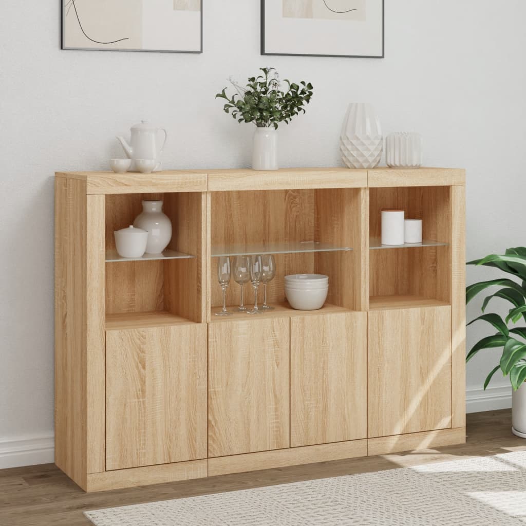 Buffets avec éclairage LED, 3 pièces de bois fini, couleur chêne brun